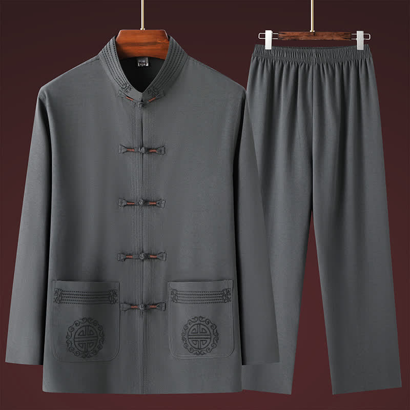 Buddha Stones 春秋用唐スタイルカジュアルマンダリンカラーカエルボタン無地シャツパンツメンズ瞑想服ポケット付き2点セット - image 1