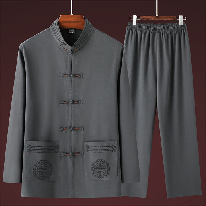 Buddha Stones 春秋用唐スタイルカジュアルマンダリンカラーカエルボタン無地シャツパンツメンズ瞑想服ポケット付き2点セット - image 1