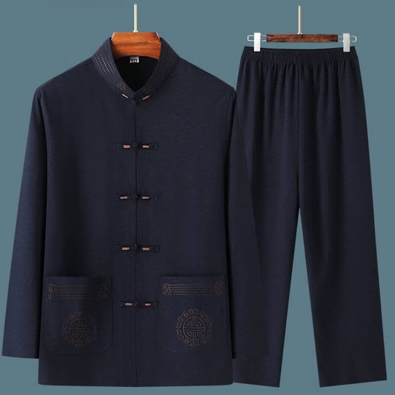 Buddha Stones 春秋用唐スタイルカジュアルマンダリンカラーカエルボタン無地シャツパンツメンズ瞑想服ポケット付き2点セット - image 9