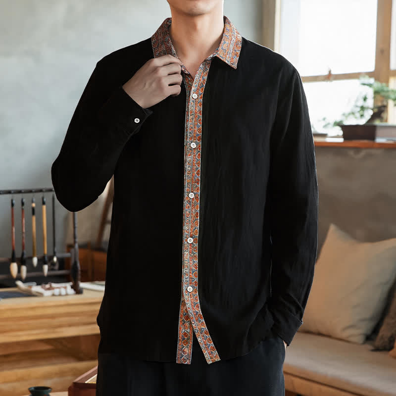 Buddha Stones 春秋カジュアルヴィンテージボタンアップ幾何学模様メンズ長袖シャツ - 黒 - US/UK/AU42, EU52 （3XL） - image 5