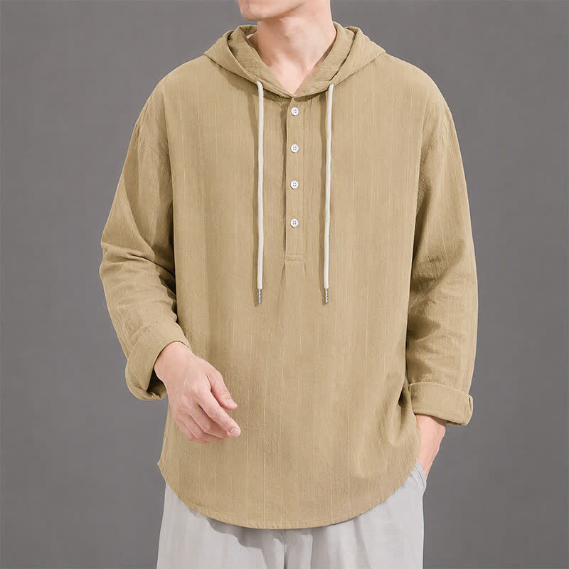 Buddha Stones 春のカジュアルミニマリストドローストリングストライプメンズ長袖シャツ - ダークカーキ - US/UK/AU42, EU52 （3XL） - image 0