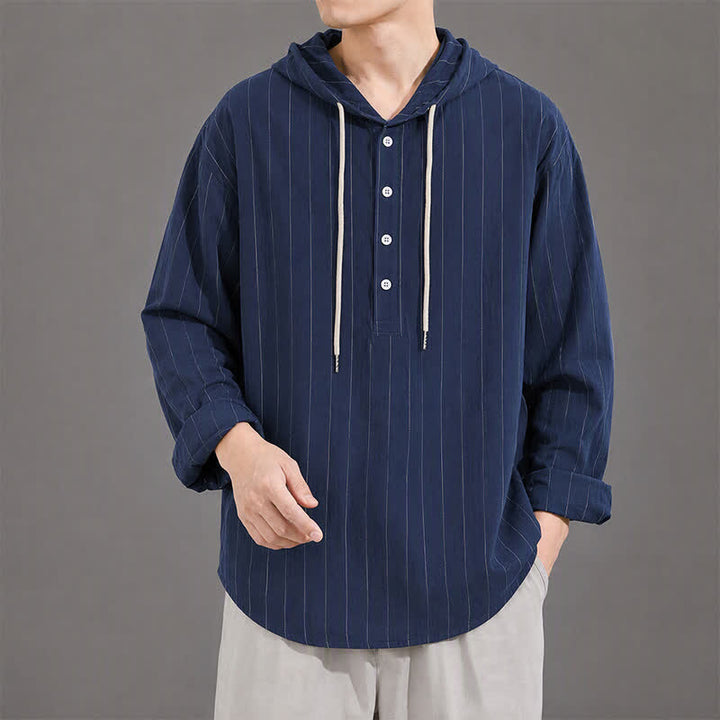 Buddha Stones 春のカジュアルミニマリストドローストリングストライプメンズ長袖シャツ - 海軍 - US/UK/AU42, EU52 （3XL） - image 9