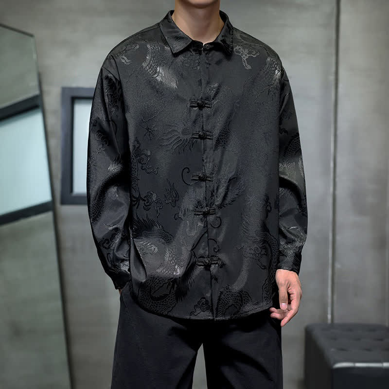 Buddha Stones 秋冬タンスタイル ヴィンテージ カエルボタン ドラゴンジャカード メンズ長袖シャツ - 黒 - US/UK/AU46, EU56 （5XL） - image 0