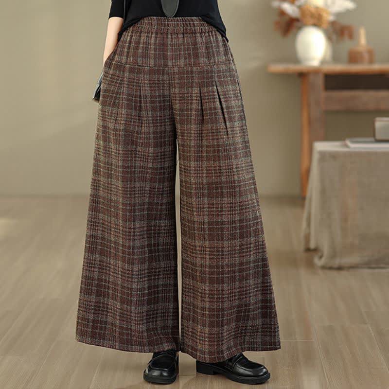 Buddha Stones 秋冬ヴィンテージ風ゴムウエストチェック柄クロップドパンツ レディースストレートレッグパンツ ポケット付き - image 1