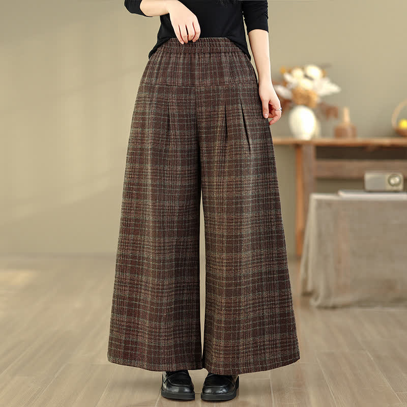 Buddha Stones 秋冬ヴィンテージ風ゴムウエストチェック柄クロップドパンツ レディースストレートレッグパンツ ポケット付き - サドルブラウン - US8-10, UK/AU12-14, EU40-42 （2XL） - image 0