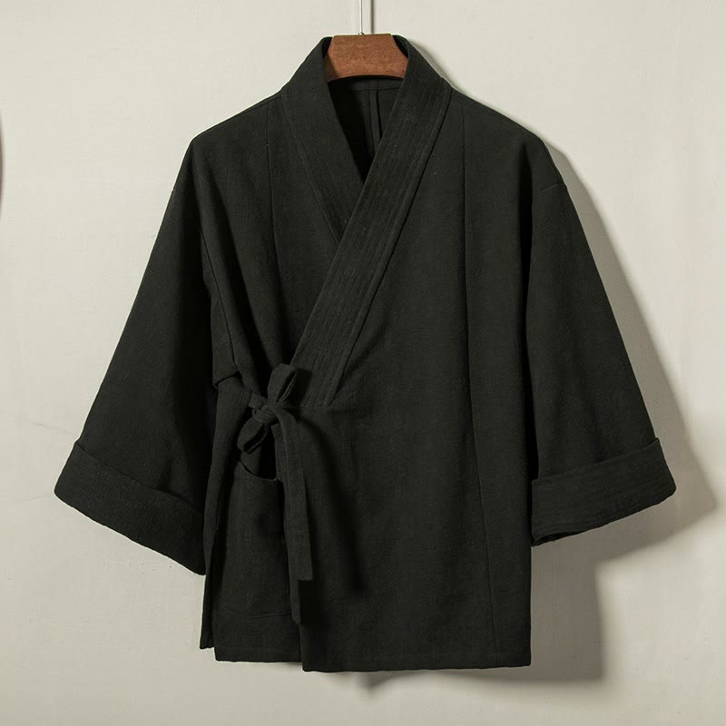 Buddha Stones 秋冬ミニマリストドローストリングVネックレースアップ無地コットンメンズ着物 - 黒 - US/UK/AU44、 EU54 (4XL) - image 8