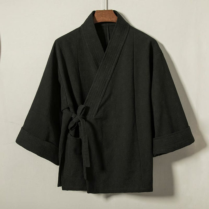 Buddha Stones 秋冬ミニマリストドローストリングVネックレースアップ無地コットンメンズ着物 - 黒 - US/UK/AU44、 EU54 (4XL) - image 8