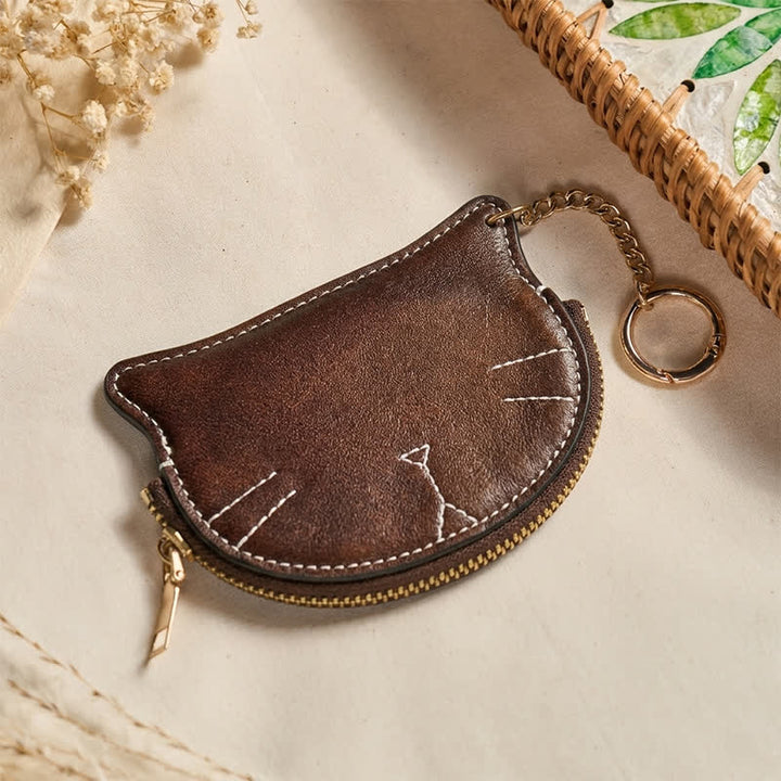 Buddha Stones ヴィンテージ猫型ジッパー付きレザーチャーム財布 - image 3