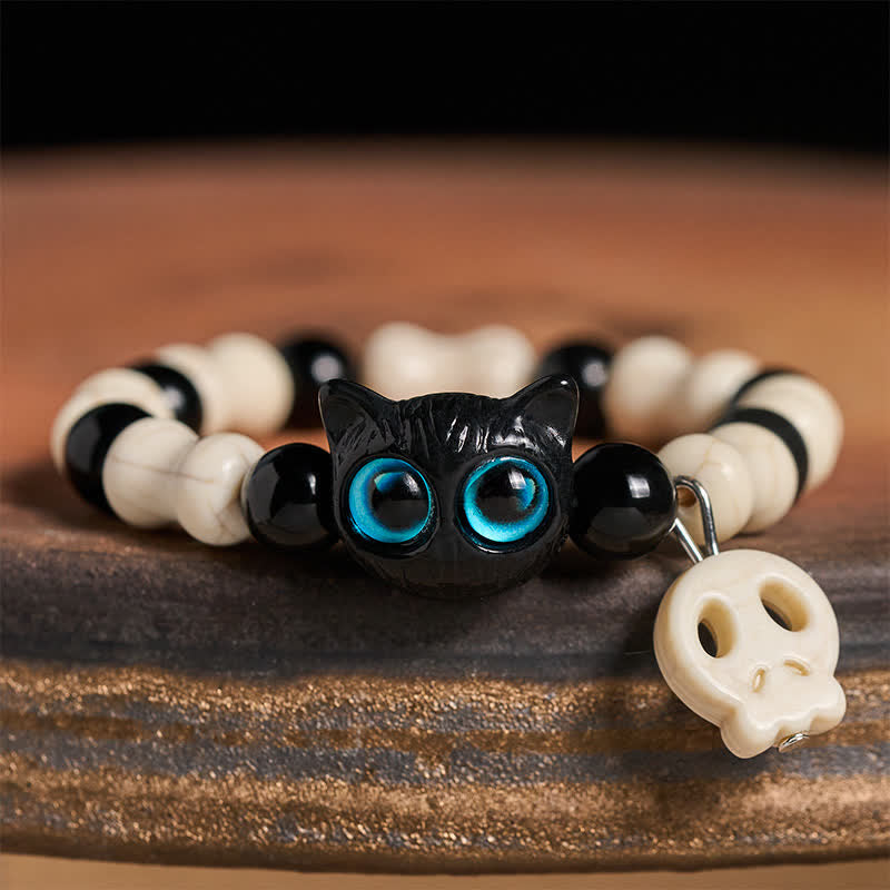 Buddha Stones スカルと黒猫のビーズ強さブレスレット - 青い目の猫 - image 0