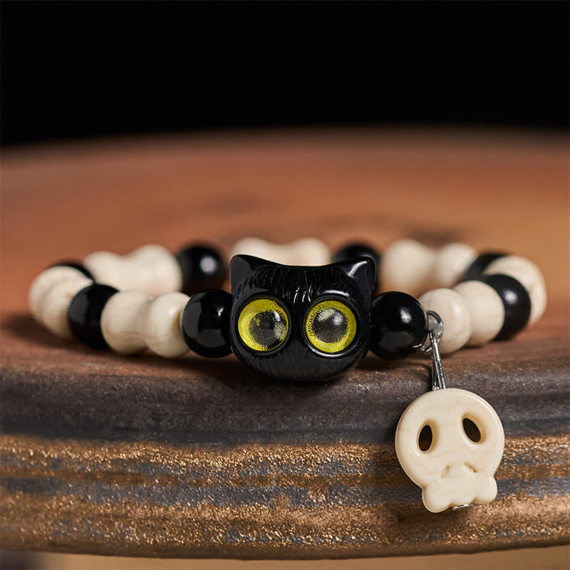 Buddha Stones スカルと黒猫のビーズ強さブレスレット - 黄色い目の猫 - image 8