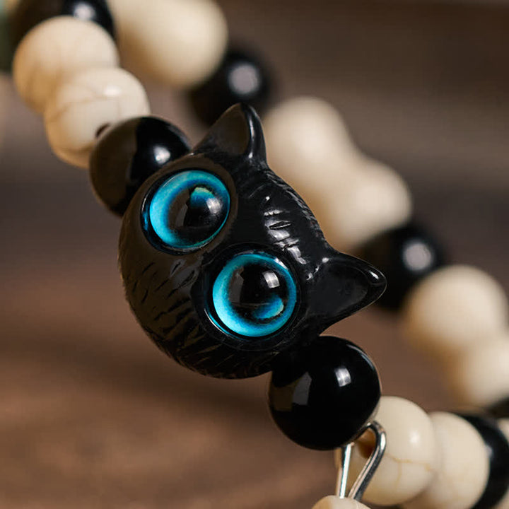 Buddha Stones スカルと黒猫のビーズ強さブレスレット - image 3