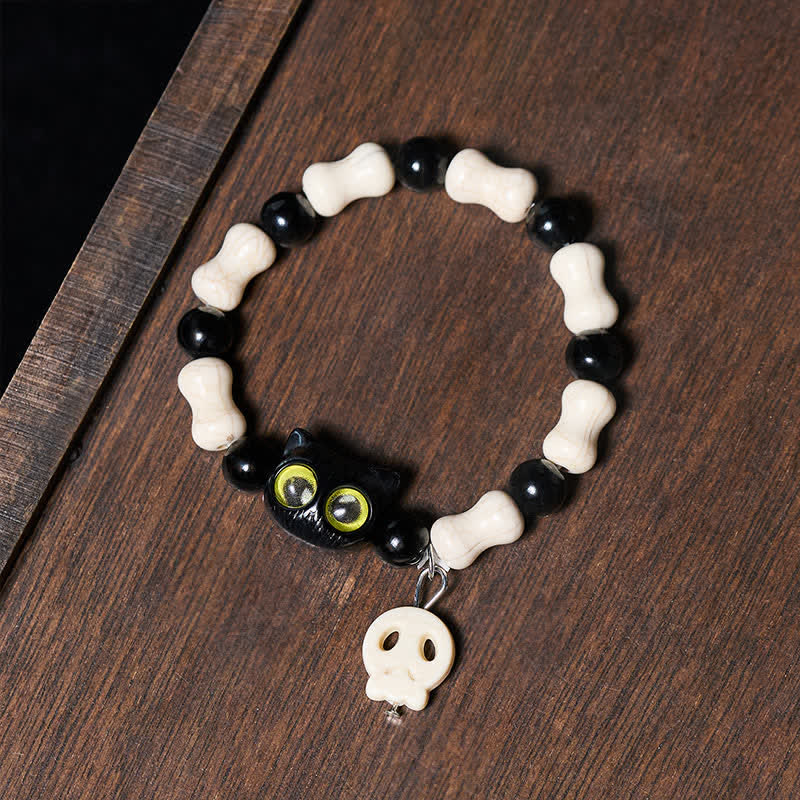Buddha Stones スカルと黒猫のビーズ強さブレスレット - image 9