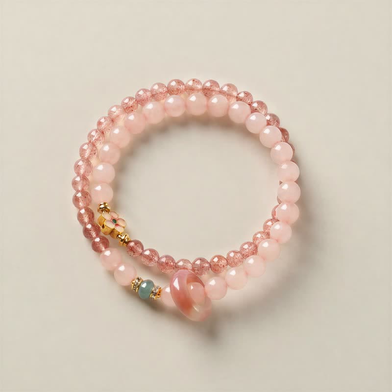 Buddha Stones 天然ストロベリークォーツ、ローズクォーツ、ピーチブロッサムラブダブルラップブレスレット - image 1