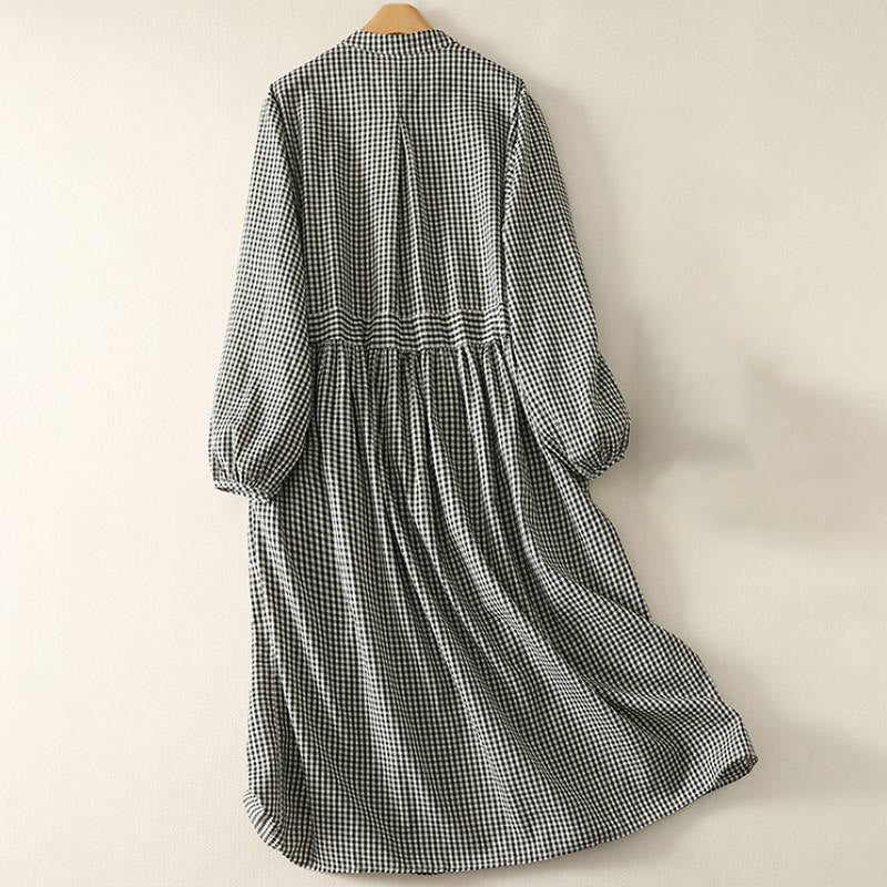Buddha Stones 春秋カジュアル マンダリンカラー チェック柄 レディース 長袖ワンピース ポケット付き - image 1