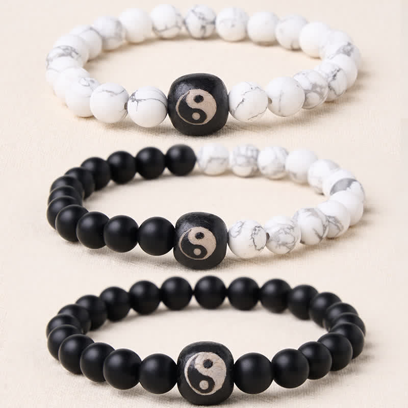 Buddha Stones ブラックオニキスとホワイトターコイズの陰陽バランスラウンドビーズブレスレット - image 0