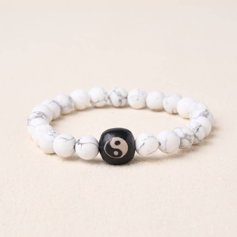 Buddha Stones ブラックオニキスとホワイトターコイズの陰陽バランスラウンドビーズブレスレット - ホワイトターコイズ - 5.9～6.3インチ（15～16cm） - image 1