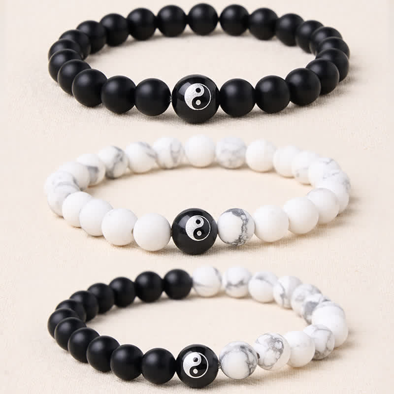 Buddha Stones ブラックオニキス、ホワイトターコイズ、陰陽、ブラックオブシディアン、ラウンドビーズのバランスブレスレット - image 0