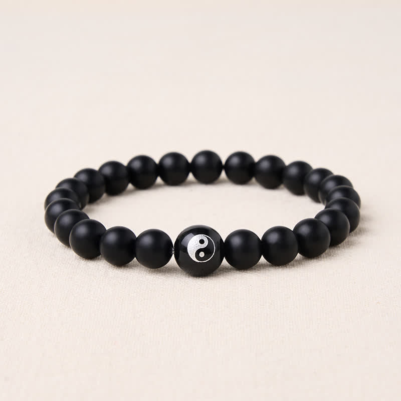 Buddha Stones ブラックオニキス、ホワイトターコイズ、陰陽、ブラックオブシディアン、ラウンドビーズのバランスブレスレット - ブラックオニキス - 5.9～6.3インチ（15～16cm） - image 1