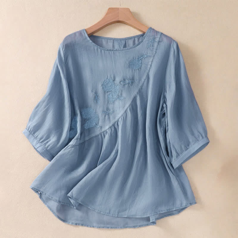 Buddha Stones刺繍入り花柄クルーネックデザイン レディース半袖シャツ - コーンフラワーブルー - US8-10，UK/AU12-14，EU40-42 (2XL) - image 0