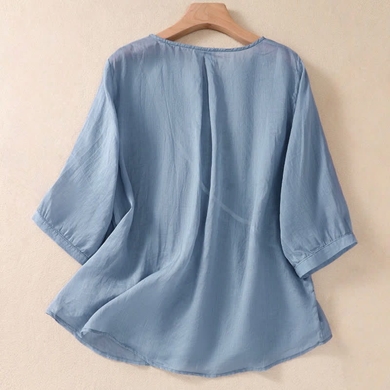 Buddha Stones刺繍入り花柄クルーネックデザイン レディース半袖シャツ - image 1