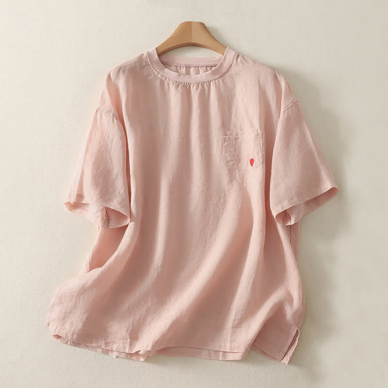 Buddha Stonesカジュアル刺繍入りレッドハート半袖レディースTシャツ - ピンク - US14、 UK/AU18、 EU46 (2XL) - image 0