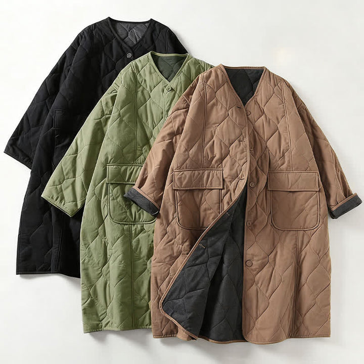 Buddha Stonesのシンプルなボタンが付いたVネック長袖のレディースコットンコート（ポケット付き） - image 7