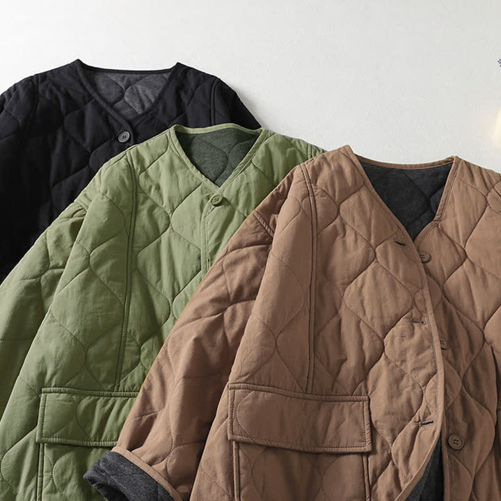 Buddha Stonesのシンプルなボタンが付いたVネック長袖のレディースコットンコート（ポケット付き） - image 8