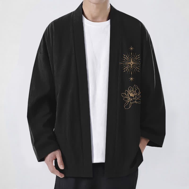 Buddha Stones コットン製、蓮の花模様の星形柄、前開きメンズ着物 - 黒 - US/UK/AU48、 EU58 (4XL) - image 0