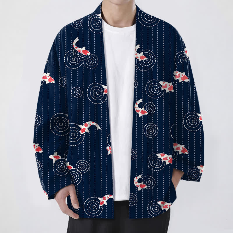 Buddha Stones 綿素材の鯉のさざ波模様のオープンフロントメンズ着物 - 海軍 - US/UK/AU48、 EU58 (4XL) - image 0
