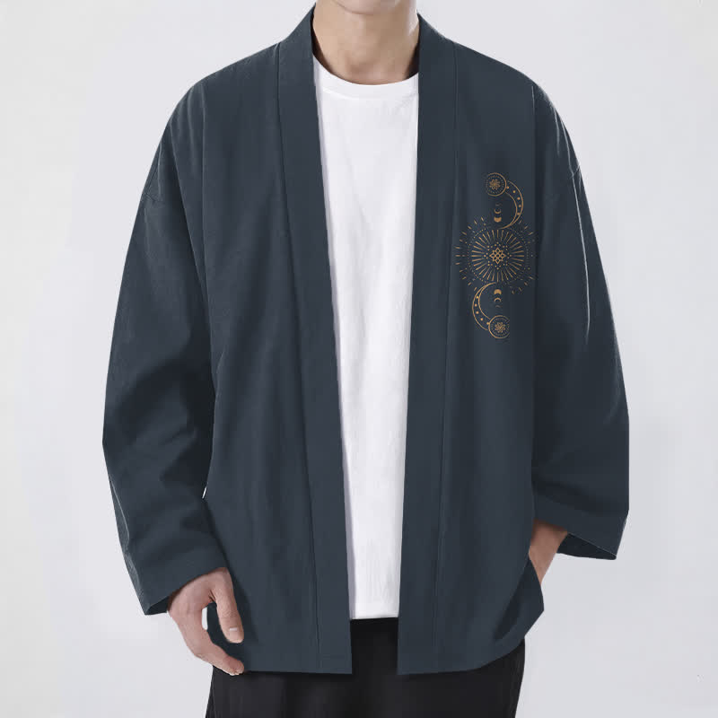 Buddha Stones 綿素材、天体月相・太陽柄、前開きメンズ着物 - ダークスレートグレー - US/UK/AU48、 EU58 (4XL) - image 0