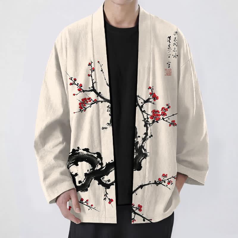 Buddha Stones 綿墨梅花柄前開きメンズ着物 - ベージュ - US/UK/AU48、 EU58 (4XL) - image 0