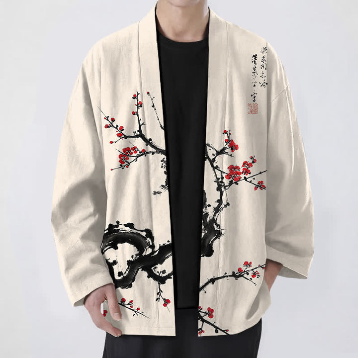 Buddha Stones 綿墨梅花柄前開きメンズ着物 - ベージュ - US/UK/AU48、 EU58 (4XL) - image 0