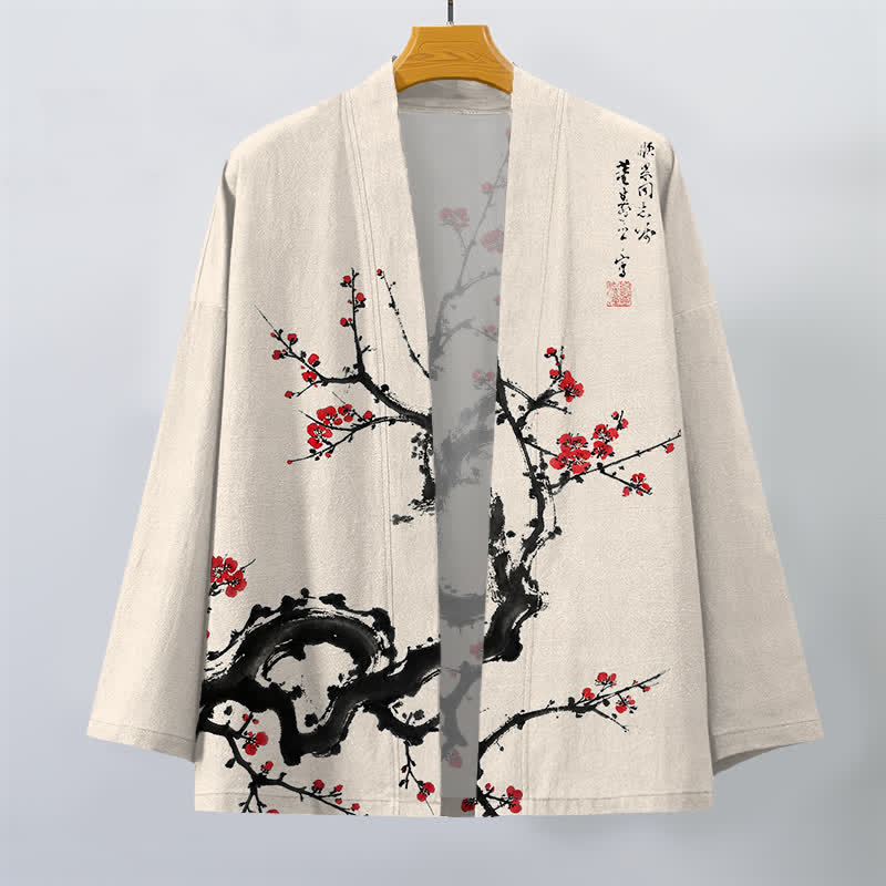 Buddha Stones 綿墨梅花柄前開きメンズ着物 - image 1