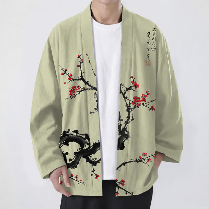 Buddha Stones 綿墨梅花柄前開きメンズ着物 - 緑黄色 - US/UK/AU48、 EU58 (4XL) - image 6