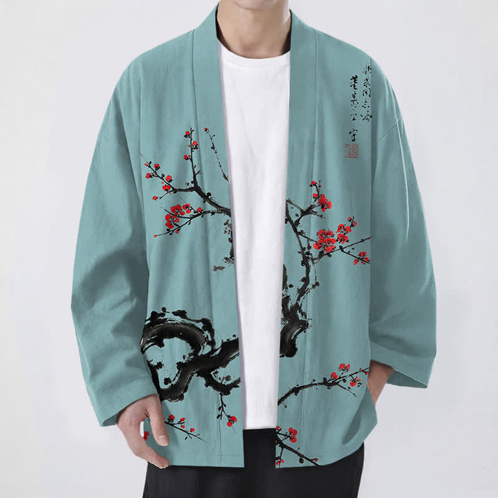 Buddha Stones 綿墨梅花柄前開きメンズ着物 - ターコイズ - US/UK/AU48、 EU58 (4XL) - image 9