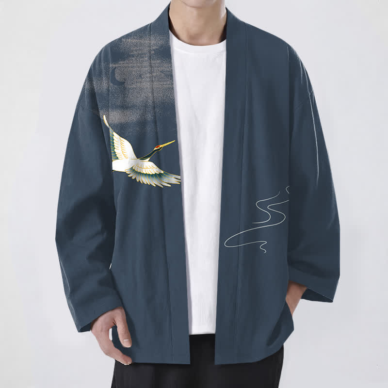Buddha Stones 綿鶴月波模様前開きメンズ着物 - スチールブルー - US/UK/AU48、 EU58 (4XL) - image 0