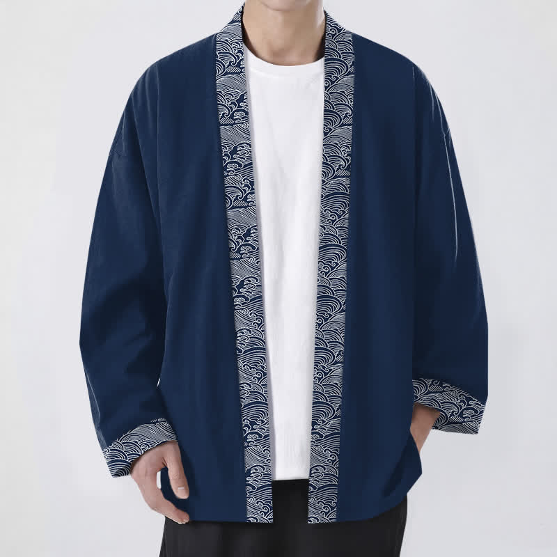 Buddha Stones コットン素材、オーシャンウェーブ柄トリム、前開きメンズ着物 - 海軍 - US/UK/AU48、 EU58 (4XL) - image 0