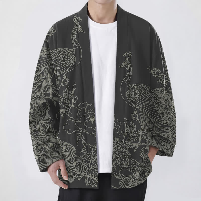 Buddha Stones 綿素材の孔雀牡丹のラインアート柄オープンフロントメンズ着物 - 黒 - US/UK/AU48、 EU58 (4XL) - image 0