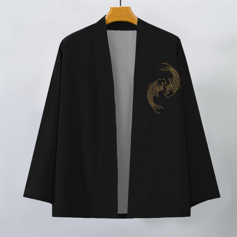 Buddha Stones 綿素材のツイン鯉柄前開きメンズ着物 - 黒 - US/UK/AU48、 EU58 (4XL) - image 0