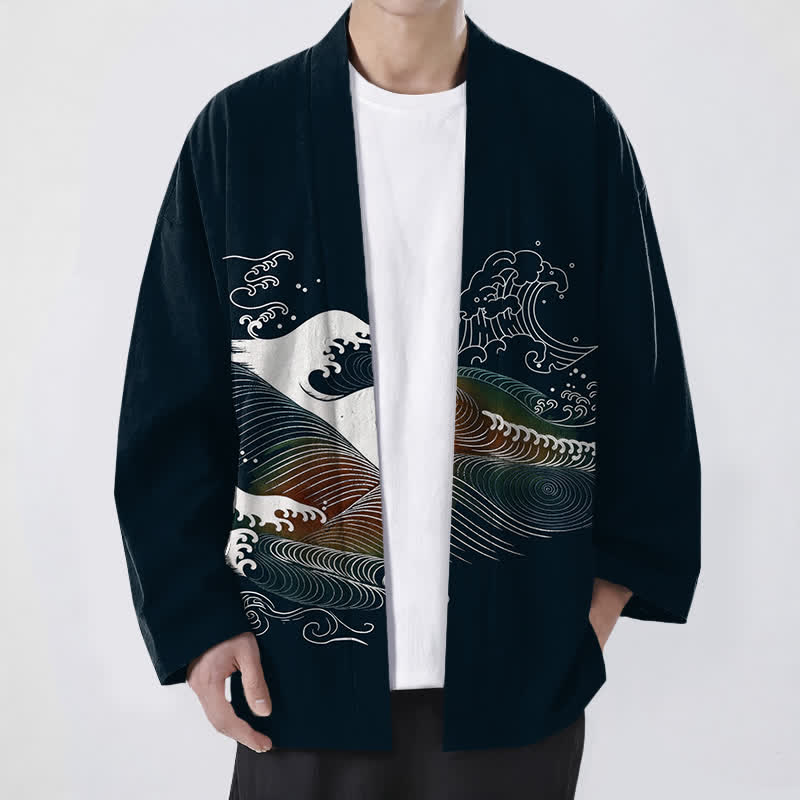 Buddha Stones 綿素材、流れるような海の波模様、前開きメンズ着物 - 黒 - US/UK/AU48、 EU58 (4XL) - image 0