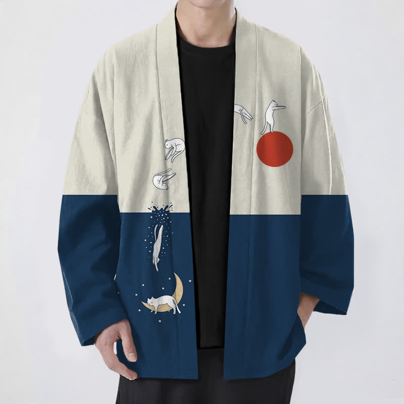 Buddha Stones 綿素材の猫と太陽と三日月柄のオープンフロントメンズ着物 - 海軍 - US/UK/AU48、 EU58 (4XL) - image 0