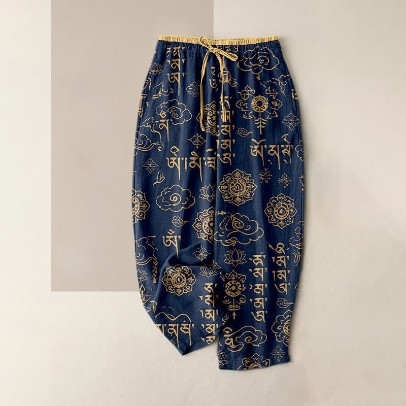 Buddha Stones 純綿素材、チベット文字柄、ウエストゴム入り、ポケット付きレディースパンツ - 海軍 - US16、 UK/AU20、 EU48 (3XL) - image 0