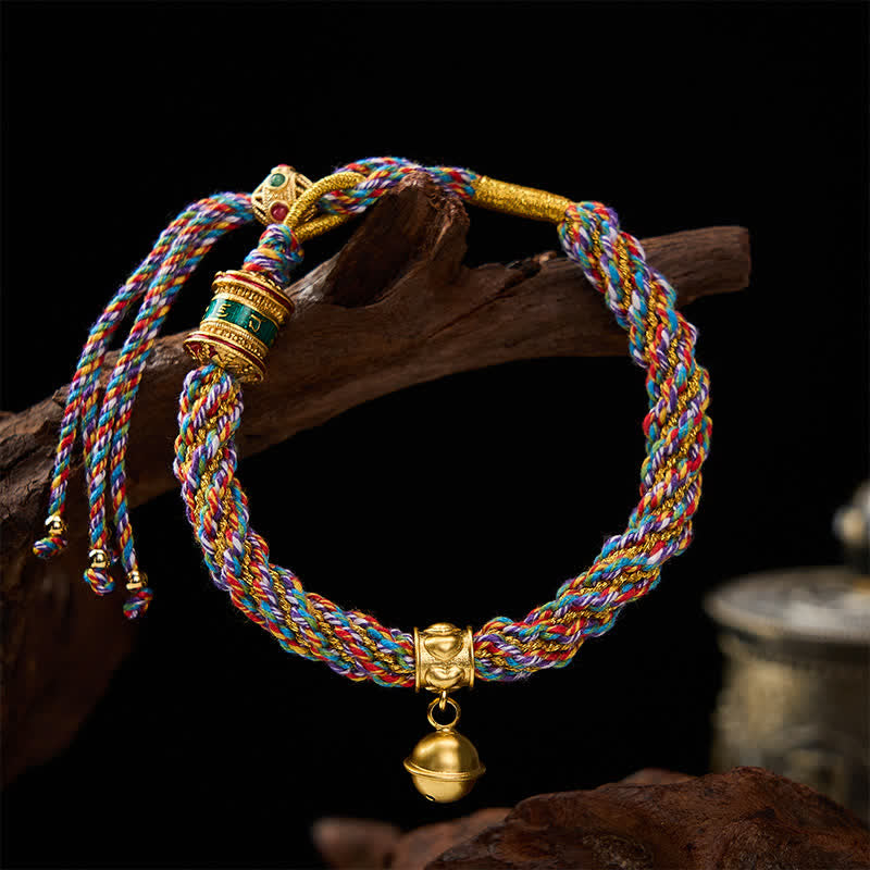 Buddha Stones チベットのオーム・マニ・パドメ・フムの力のベルチャーム付きマルチカラー編み込みロープブレスレット - image 1