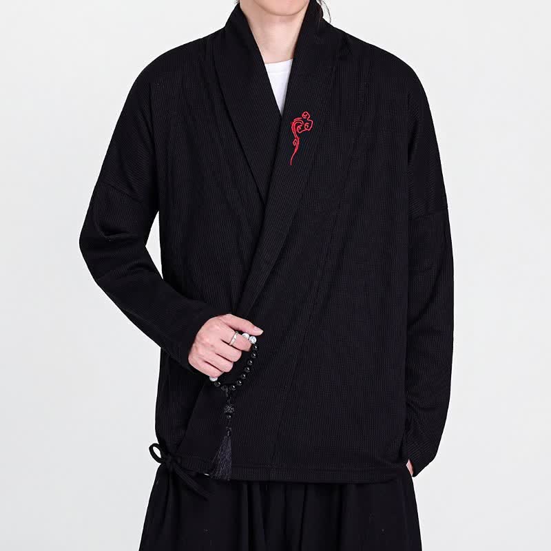 Buddha Stones 秋冬カジュアル唐草風刺繍無地メンズ着物 - 黒 - US/UK/AU46、 EU56 (5XL) - image 0