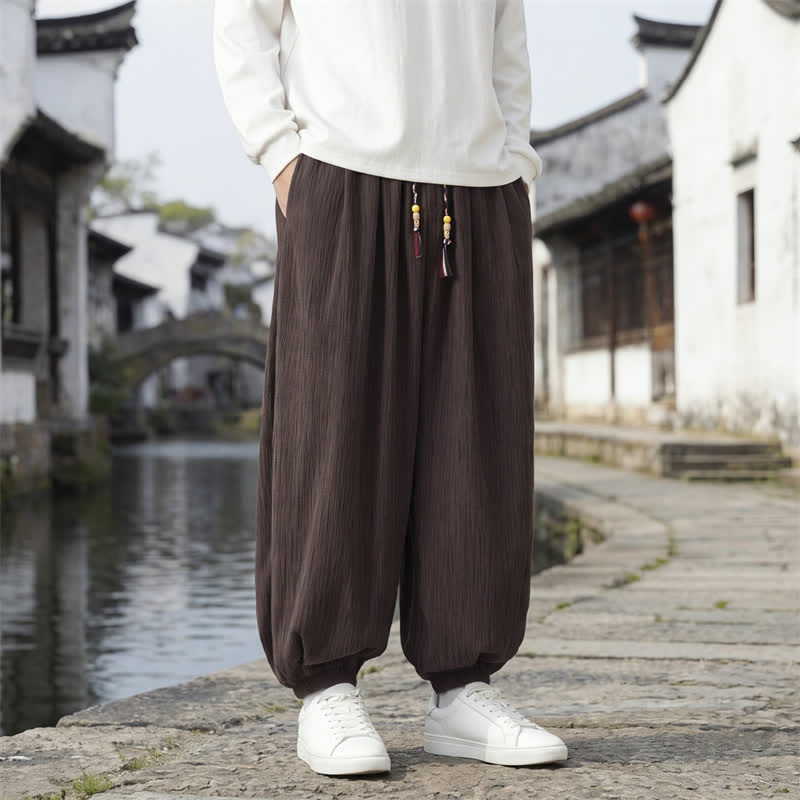 Buddha Stones 春秋カジュアルヴィンテージドローストリング無地アンクルパンツメンズハーレムパンツポケット付き - image 1