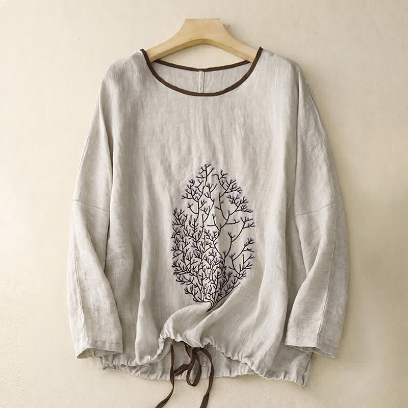 Buddha Stones 春秋カジュアル刺繍ツリー柄ドローストリングレディースクルーネックデザインコットンリネンレディース長袖Tシャツ - image 1