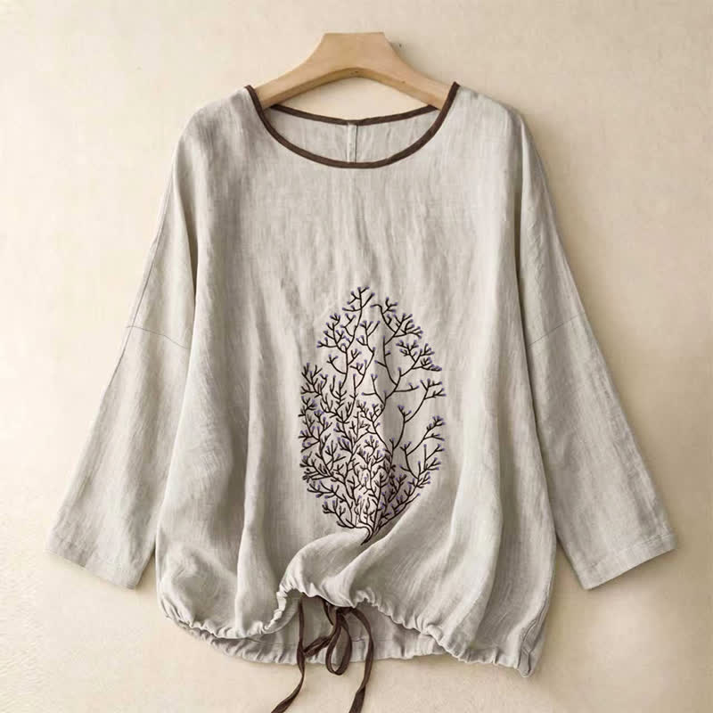 Buddha Stones 春秋カジュアル刺繍ツリー柄ドローストリングレディースクルーネックデザインコットンリネンレディース長袖Tシャツ - ライトグレー - US14、 UK/AU18、 EU46 (2XL) - image 0