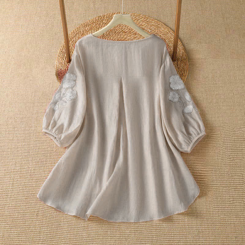 Buddha Stones 夏物カジュアルエレガント刺繍入りホワイト花柄クルーネックレディース長袖Tシャツ - image 1