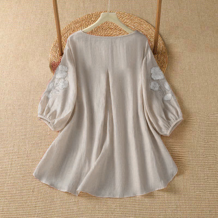 Buddha Stones 夏物カジュアルエレガント刺繍入りホワイト花柄クルーネックレディース長袖Tシャツ - image 1