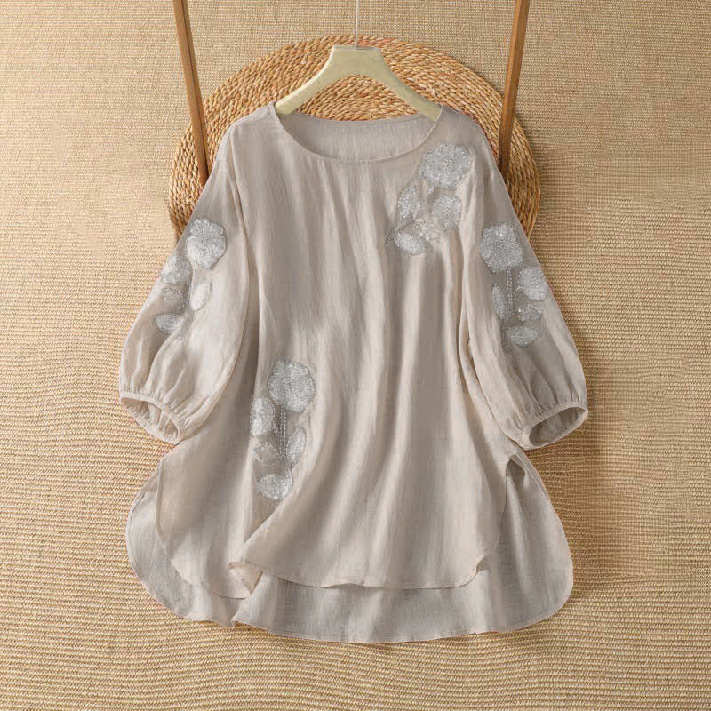 Buddha Stones 夏物カジュアルエレガント刺繍入りホワイト花柄クルーネックレディース長袖Tシャツ - ミスティローズ - US14, UK/AU18, EU46 （2XL） - image 0